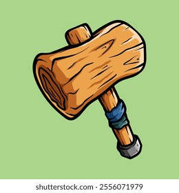 old wooden hammer isolated colored drawing line art style design illustration