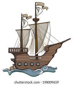 Old, wooden, hand drawn cartoon ship, vector illustration