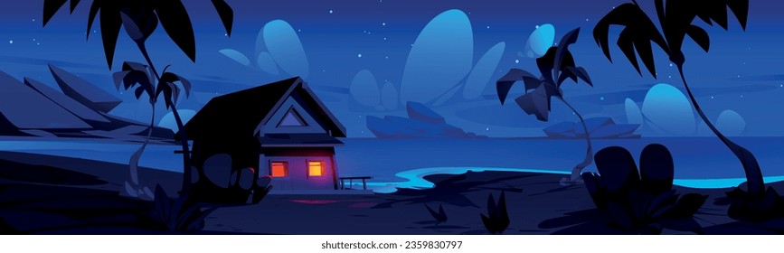 Old wooden house against night river landscape. Vector cartoon illustration of shabby hut with yellow light in windows near lake water, tall trees and bushes, huge stones under dark sky with stars