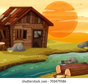Old wooden house by river illustration