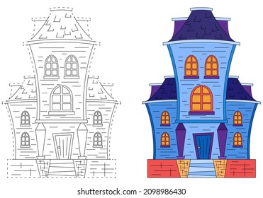 An old wooden house. Coloring book for children. Practice of handwriting. Education Development Worksheet.