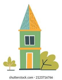 Old wooden house with garden and lush greenery, isolated summer cottage with exclusive architecture design, village and rural area building. Home for living or rest during spring. Vector in flat