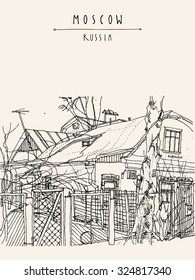 Old wooden house in Moscow, Russia. Vintage vector hand drawn artistic postcard or poster