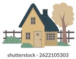 Old Wooden House with Two Windows and Chimney, Surrounded by Fence, Trees, and Wild Grass, Ideal for Rural Architecture, History, and Storytelling Projects