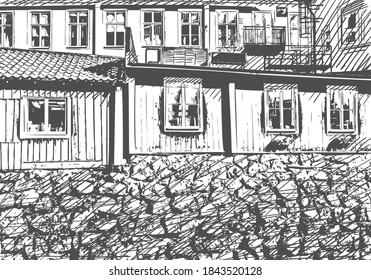 Old wooden house wall and many windows stone foundation vector drawing  Architectural detail sketch background  Hand drawn illustration grey ink