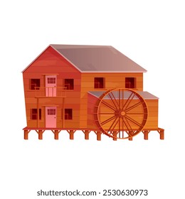 Casa de madeira velha do moinho de água com roda para moagem de grãos de trigo ilustração vetor