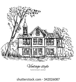 Old wooden house in woods, Europe, Vector illustration isolated on white, hand drawn ink sketch, Historical building line art, Vintage travel postcard template with european mansion, book illustration