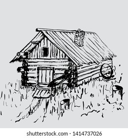 Old wooden hut with a pipe, sketch.