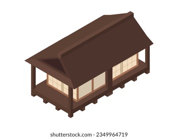 old wooden long house in japanese style. Vector isometric illustration isolated on white background.