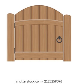 Old wooden massive closed gates, vector illustration. Double door with iron handles and hinges