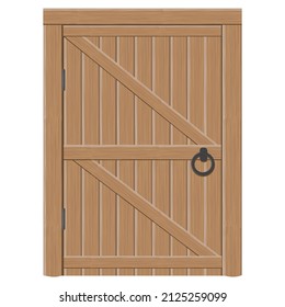 Old wooden massive closed gates, vector illustration. Double door with iron handles and hinges