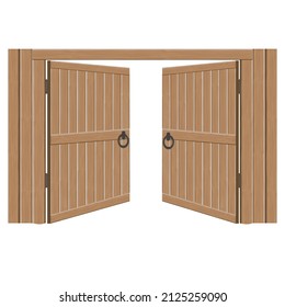 Old wooden massive open gates, vector illustration. Double door with iron handles and hinges