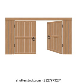 Old wooden massive open gates, vector illustration. Double door with iron handles and hinges