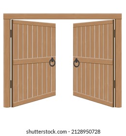 Old wooden massive open gates, vector illustration. Double door with iron handles and hinges