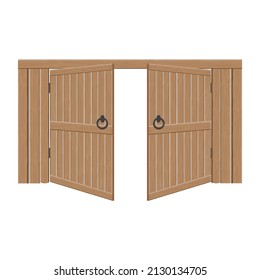 Old wooden massive open gates, vector illustration. Double door with iron handles and hinges