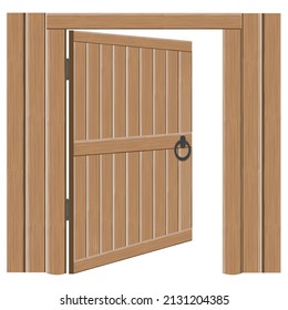 Old wooden massive open gates, vector illustration. Single door with iron handles and hinges