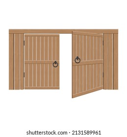 Old wooden massive open gates, vector illustration. Double door with iron handles and hinges