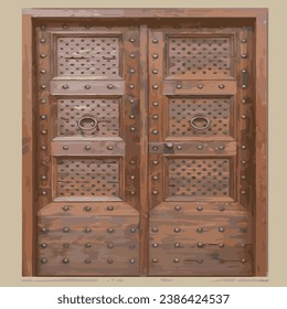 Old wooden medieval door. Closed castle door, made of wooden planks, with iron hinges. Vector isolated illustration.