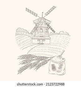 An old wooden mill in the village fields, ears of wheat, a bag of grain. Vintage farm landscape in engraved style.