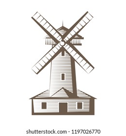 Old wooden mill, windmill logo or label. Farming concept carving hand drawn style icon. Vector illustration