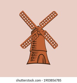 Old wooden mill, windmill logo or label. Agriculture, farming, agribusiness icon. Vintage vector illustration