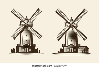 Old wooden mill, windmill logo or label. Agriculture, farming, agribusiness icon. Vintage vector illustration