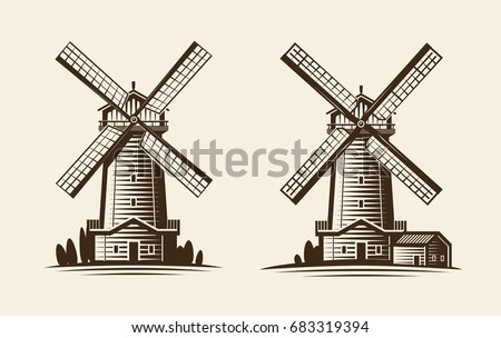 Old wooden mill, windmill logo or label. Agriculture, farming, agribusiness icon. Vintage vector illustration