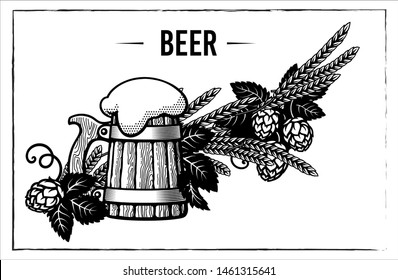 Old wooden mug of beer with foam, hop branches and ears of barley or wheat. Hand drawn vector elements isolated on white background.