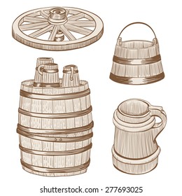 Old Wooden Mugs, Bucket, Cart Wheel, Barrel Drawing