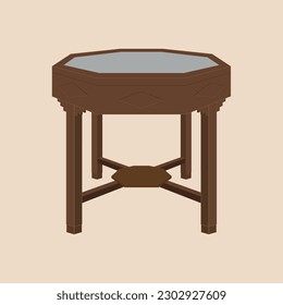 Old wooden octagonal table at grandma's house, classic vintage furniture, realistic vector