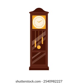 Old wooden pendulum clock of grandfather, ticking classic chronometer vector illustration