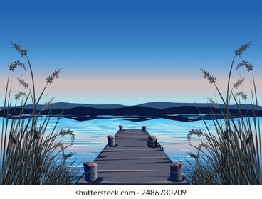 An old wooden pier in the reeds against the backdrop of a beautiful sunset. Horizontal vector illustration of beautiful nature.