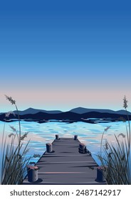 An old wooden pier in the reeds against the backdrop of a beautiful sunset. Vertical vector illustration of beautiful nature.