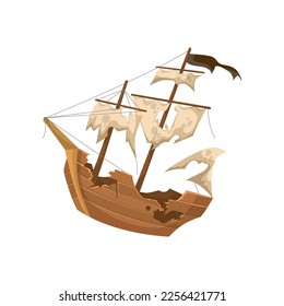 Old wooden pirate ship vector illustration. Broken boat with sails, shipwreck isolated on white background. Toys, sea adventure or journey concept