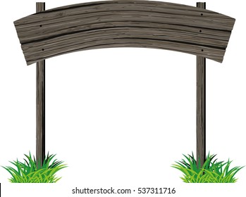 Old wooden plank horizontal empty sign on two poles in grunge style and green grass isolated on white background.