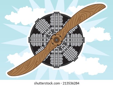 Old wooden propeller and star engine on sky background. Cartoon style