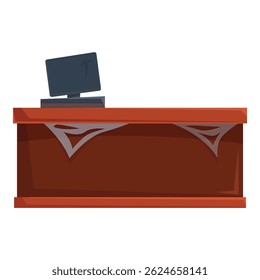 Old wooden reception desk covered in cobwebs, illustrating a business long closed