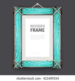 Old wooden rectangle frame with cracked cyan paint. Clipping paths included.