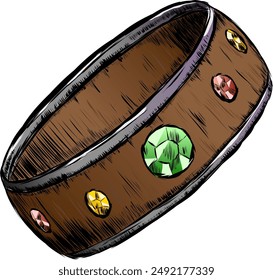 An old wooden ring with a metal rim and several faceted gemstones in green red and yellow. Vector illustration drawing of an ancient ring in sketch style with torn edges of the black outline drawn by