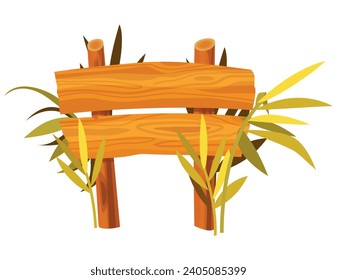 Old wooden road sign with bamboo stick tropical plant street board billboard for information isometric vector illustration. Countryside signpost wood textured plank for guide announce advice placard