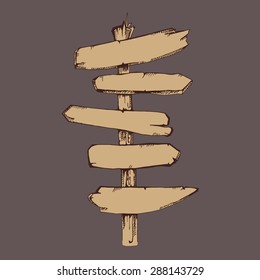 old wooden road sign with five empty direction arrows. Vector illustration isolate on dark background