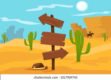 Old wooden road sign standing on desert landscape background vector Illustration, cartoon style