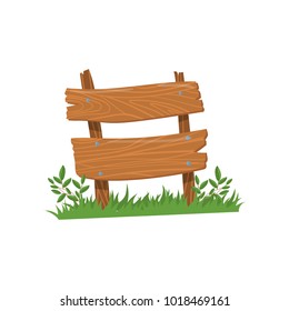 Old wooden road sign standing on the grass, wood old planks sign cartoon vector Illustration