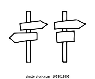 Old wooden road signs. Vector illustration hand-drawn in black outline on a white background. Doodle style.