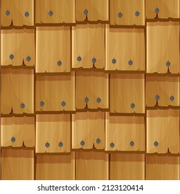 Old wooden roof cover from planks with nails, ui game background, seamless pattern in cartoon style isolated. Detailed, textured material. 