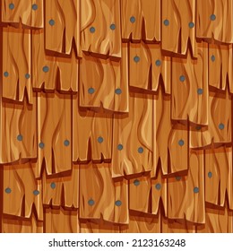 Old wooden roof cover from planks with nails, ui game background, seamless pattern in cartoon style isolated. Detailed, textured material. 