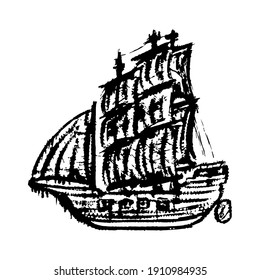 Old wooden sailing ship. Black outline linear sketch drawing. Front view. Vector flat graphic hand drawn illustration. The isolated object on a white background. Isolate.
