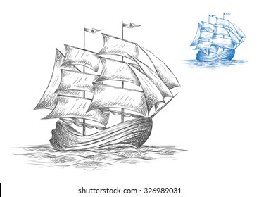Old wooden sailing ship under full sail on the sea in two color variations in grey and blue, sketch
