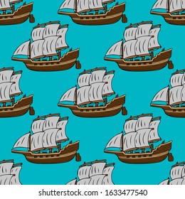 Old wooden sailing ships on a blue background. Seamless pattern. Vector hand drawing. Texture.