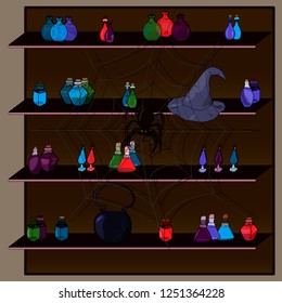 Old wooden shelf with alchemy potions. Different magic potions, spider on web and wizard hat on wooden shelf. Flat style illustration. Magic theme picture.